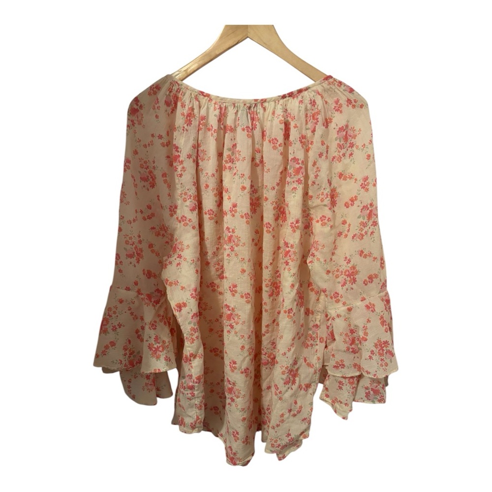 Chaps Women's 2X Crepe Peasant Blouse 3/4 Bell Sleeves Cream Pink Floral - Picture 2 of 10